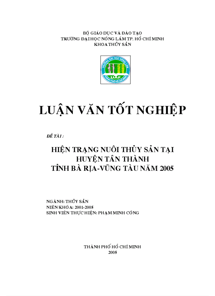 Hiện trạng nuôi thủy sản tại huyện Tân Thành tỉnh Bà Rịa Vũng Tàu năm 2005