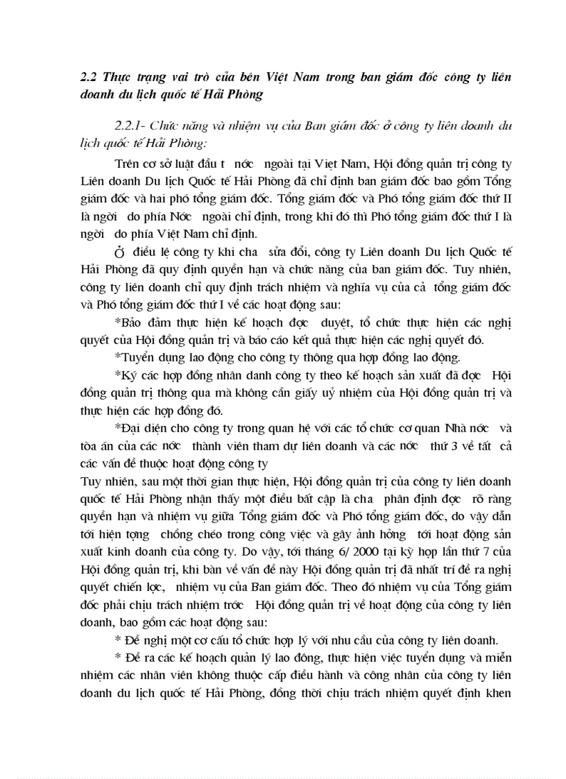 image for page Vai trò của bên Việt Nam ở công ty Liên Doanh du lịch Quốc tế Hải Phòng Thực trạng bài học Giải pháp