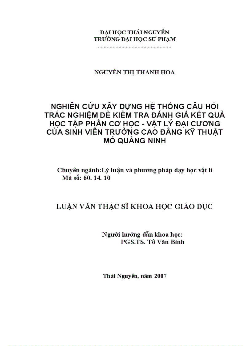 image for page Nghiên cứu xây dựng hệ thống câu hỏi trắc nghiệm để kiểm tra đánh giá kết quả học tập phần Cơ học Vật lý đại cương của sinh viên trường Cao đẳng Kỹ thuật Mỏ Quảng Ninh