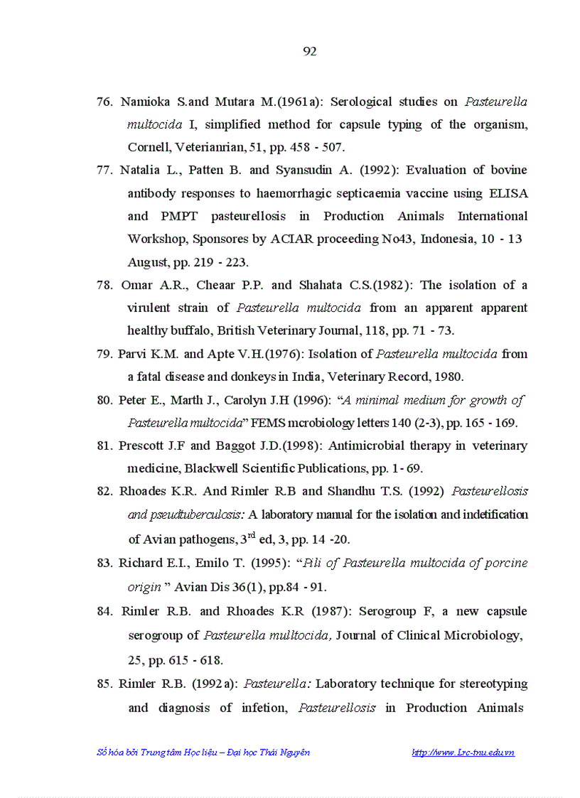 image for page Nghiên cứu một sổ đặc điểm dịch tễ bệnh tụ huyết trùng ở lợn đặc điểm sinh vật học của vi khuẩn PASTEURELLA MULTOCIDA gây bệnh tụ huyết trùng ở lợn tại Tỉnh Phú Thọ và Biện pháp phòn