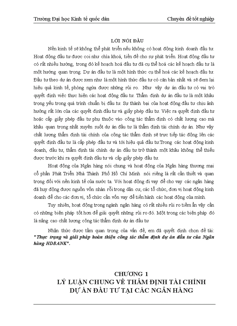 Thực trạng và giải pháp hoàn thiện công tác thẩm định dự án đầu tư của Ngân hàng HDBANK
