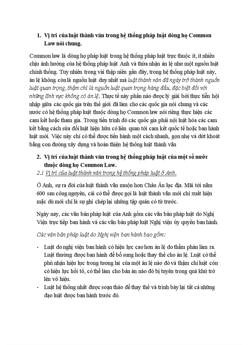Luật so sánh vai trò của luật thành văn trong hệ thống các nước thuộc dòng họ Common law bài được 8 điểm
