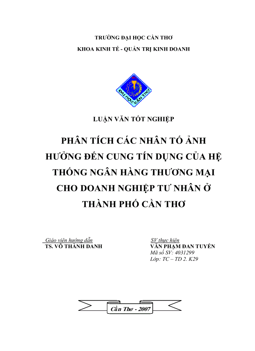 image for page Phân tích các nhân tố ảnh hưởng đến cung tín dụng của hệ thống ngân hàng thương mại cho doanh nghiệp tư nhân ở thành phố cần thơ