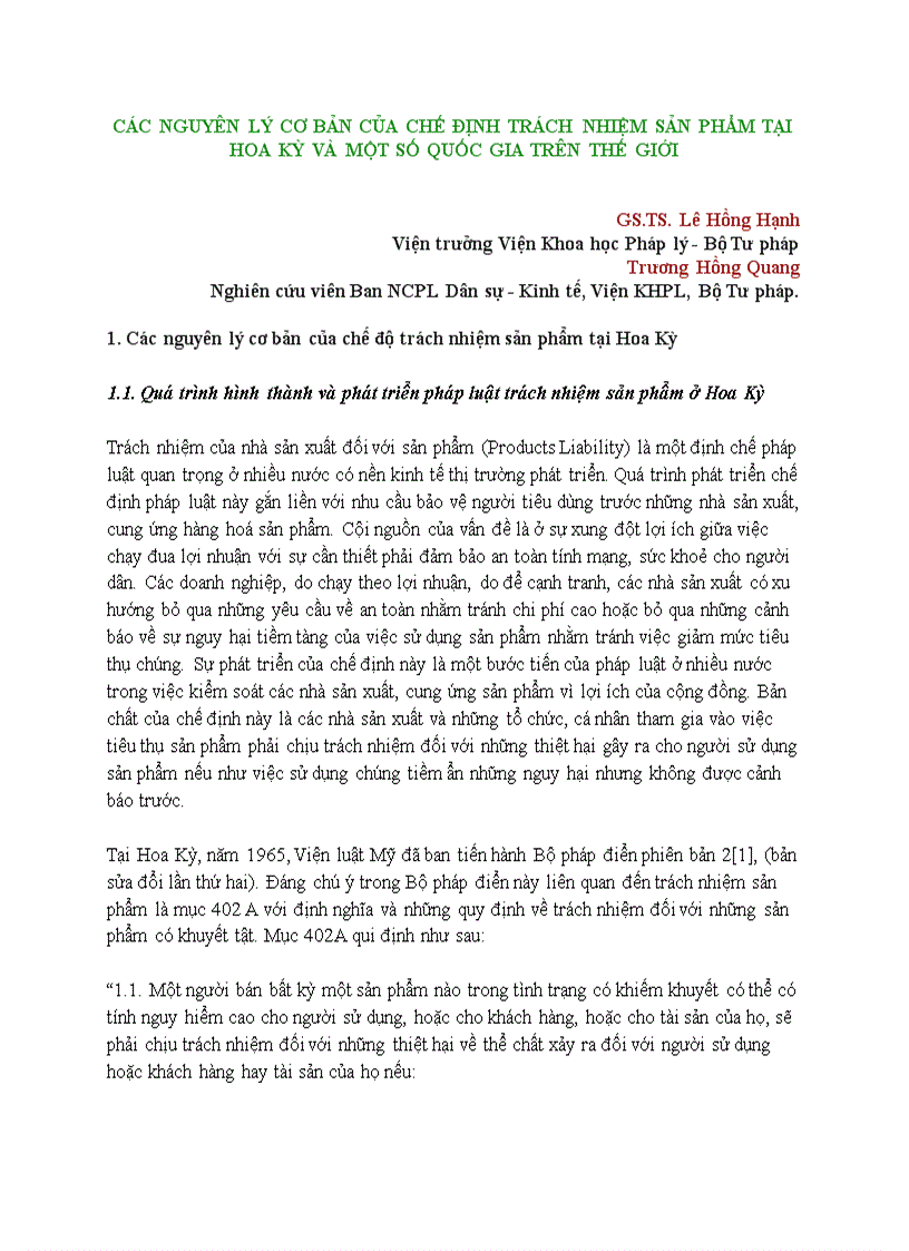 Các nguyên lý cơ bản của chế định trách nhiệm sản phẩm tại hoa kỳ và một số quốc gia trên thế giới