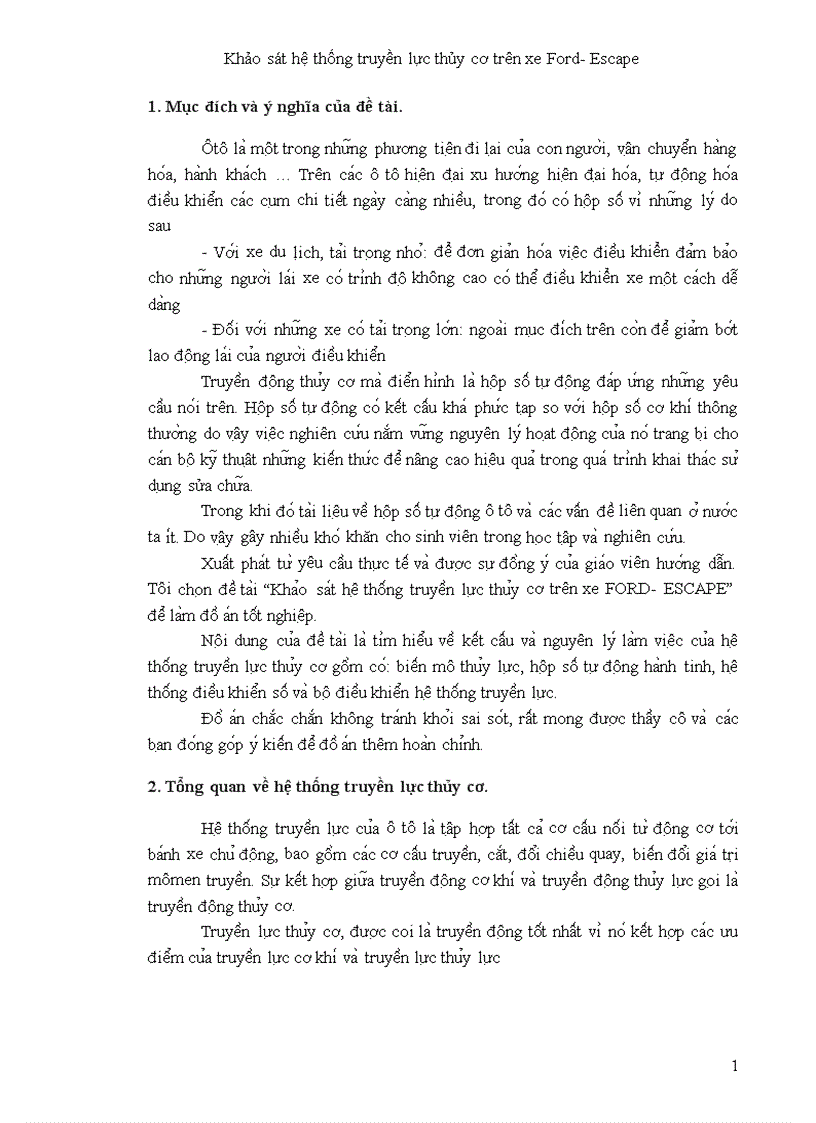 Đồ án tốt nghiệp Khảo sát hệ thống truyền lực thủy cơ trên xe Ford Escape