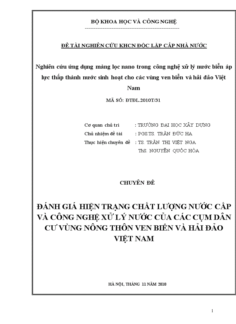 Đánh giá hiện trạng chất lượng nước cấp và công nghệ xử lý nước của các cụm dân cư vùng nông thôn ven biển và hải đảo việt nam