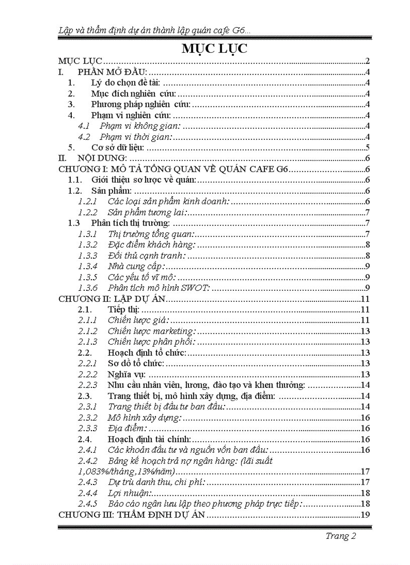 image for page Lập và thẩm định dự án thành lập Quán cà phê G6