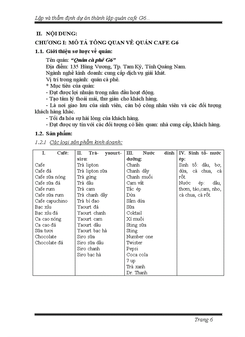 image for page Lập và thẩm định dự án thành lập Quán cà phê G6
