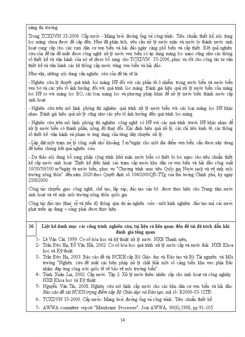 image for page Nghiên cứu ứng dụng màng lọc nano trong công nghệ xử lý nước biển áp lực thấp thành nước sinh hoạt cho các vùng ven biển và hải đảo Việt Nam