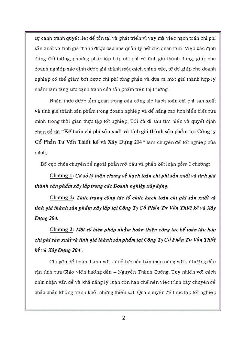Kế toán chi phí sản xuất và tính giá thành sản phẩm tại Công ty Cổ Phần Tư Vấn Thiết kế và Xây Dựng 204
