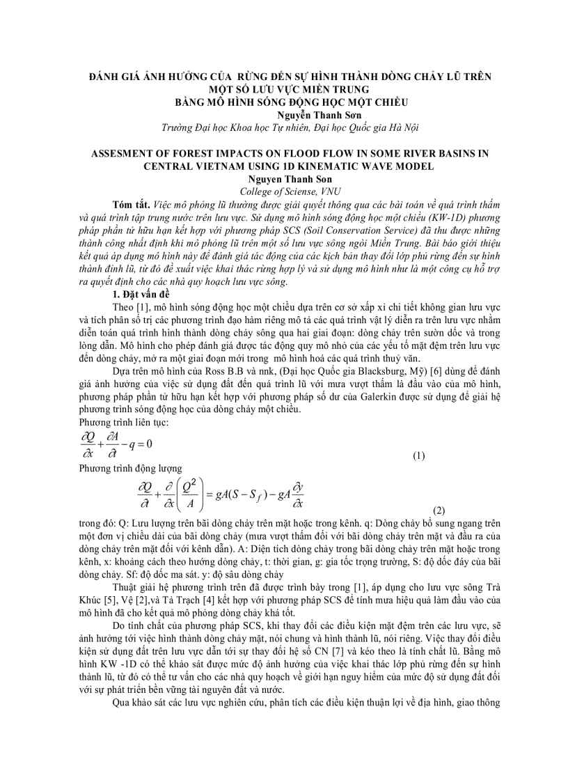 image for page Đánh giá ảnh hưởng của rừng đến sự hình thành dòng chảy lũ trên một số lưu vực miền trung bằng mô hình sóng động học một chiều
