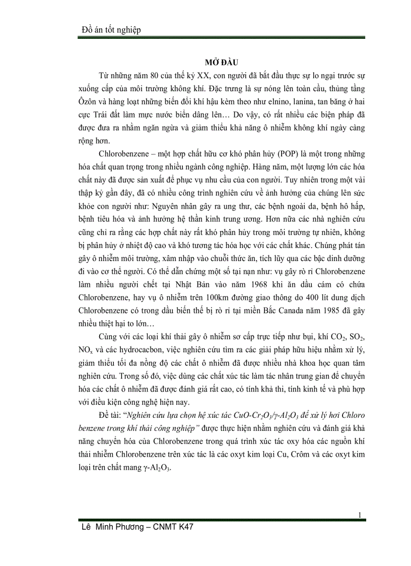 Nghiên cứu lựa chọn hệ xúc tác CuO Cr2O3 γ Al2O3 để xử lý hơi Chloro benzene trong khí thải công nghiệp