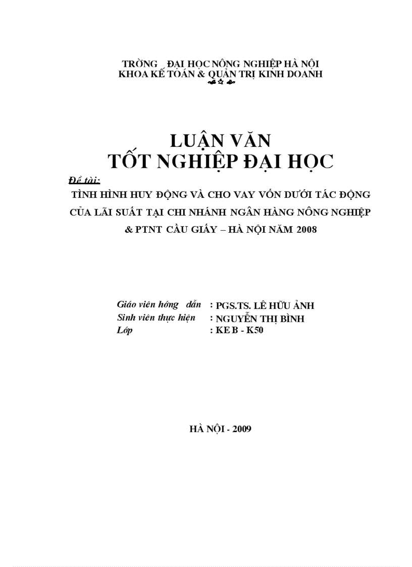 image for page Tình hình huy động và cho vay vốn dưới tác động của lãi suất tại chi nhánh ngân hàng Nông Nghiệp PTNT Cầu Giấy Hà Nội năm 2008