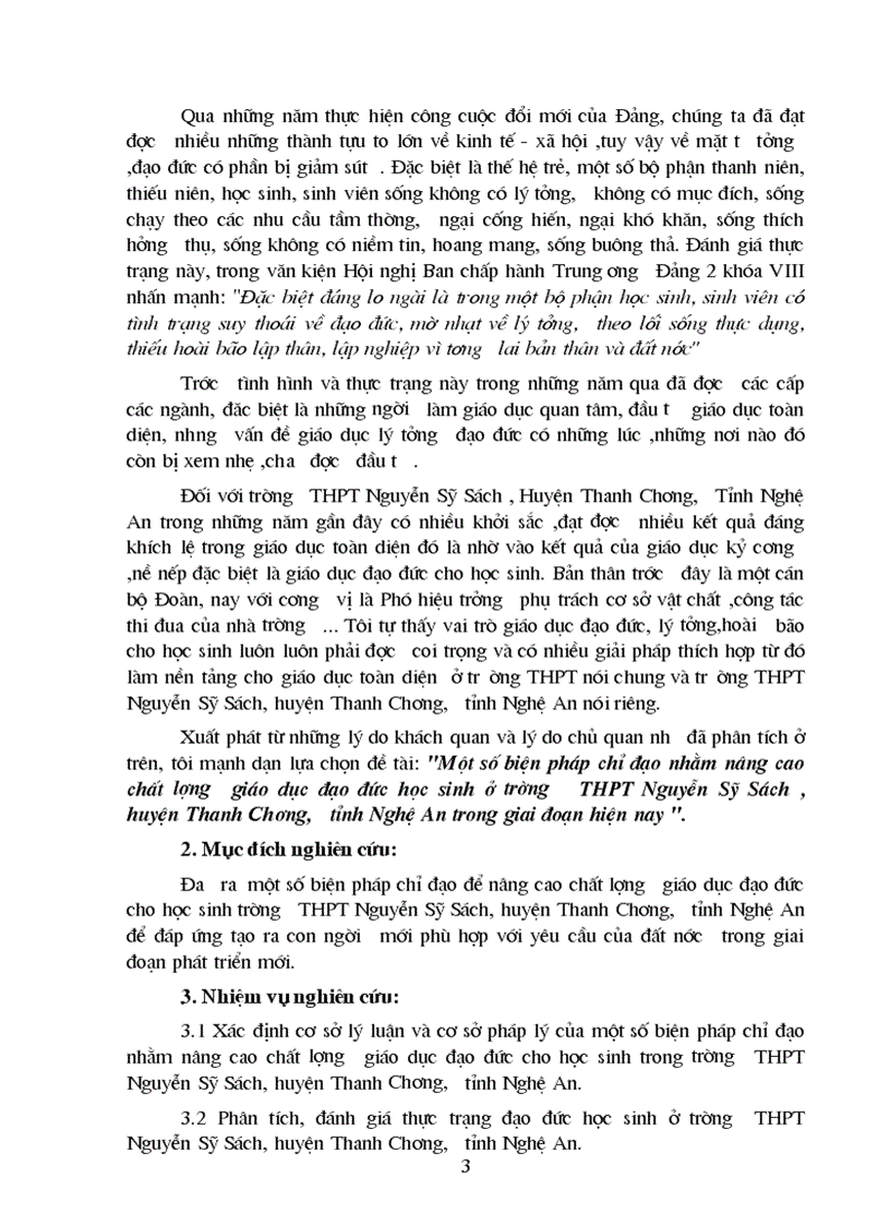 Một số biện pháp chỉ đạo nhằm nâng cao chất lượng giáo dục đạo đức học sinh ở trường THPT Nguyễn Sỹ Sách Huyện Thanh Chương Tỉnh Nghệ An