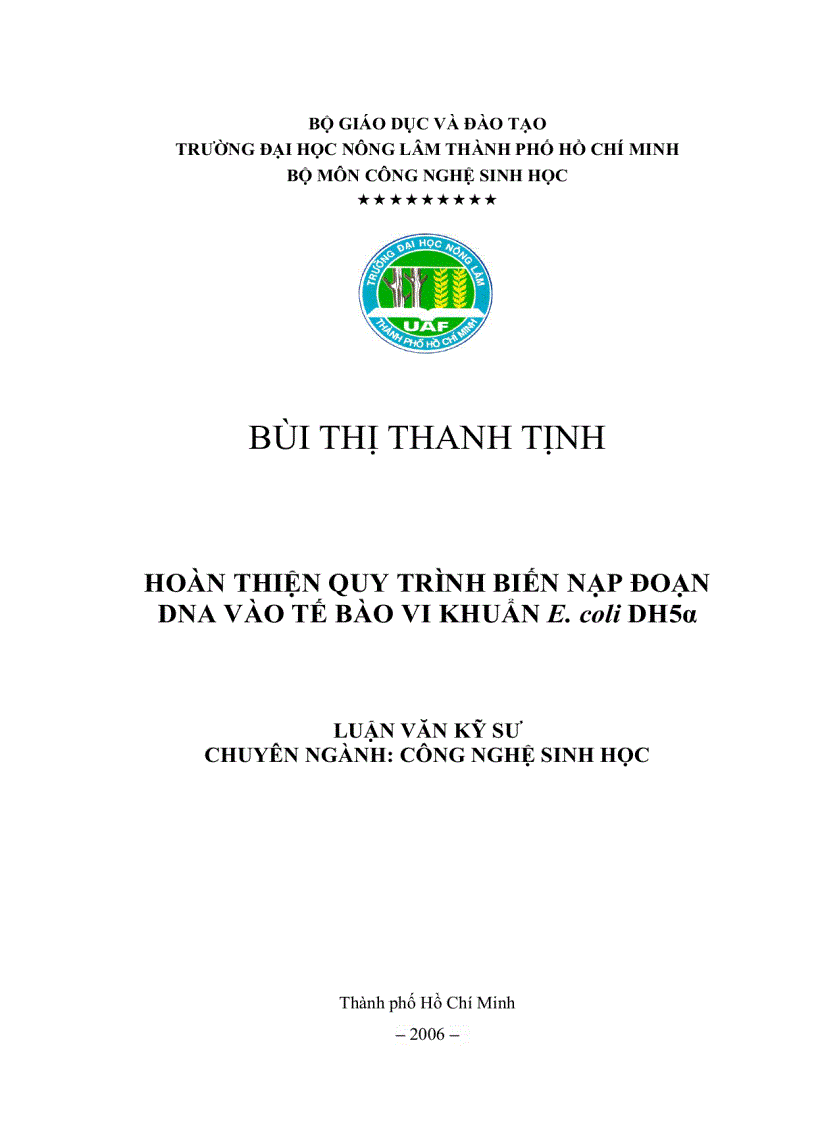 image for page HOÀN THIỆN QUY TRÌNH BIẾN NẠP ĐOẠN DNA VÀO TẾ BÀO VI KHUẨN E coli DH5α