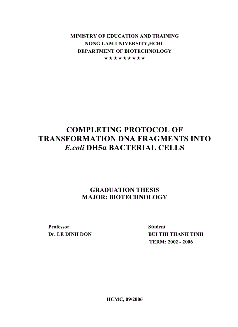 image for page HOÀN THIỆN QUY TRÌNH BIẾN NẠP ĐOẠN DNA VÀO TẾ BÀO VI KHUẨN E coli DH5α