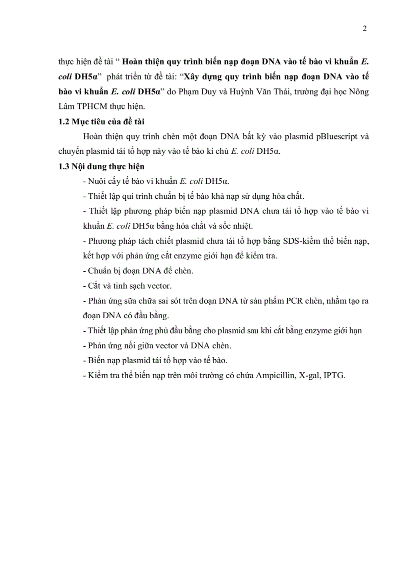 image for page HOÀN THIỆN QUY TRÌNH BIẾN NẠP ĐOẠN DNA VÀO TẾ BÀO VI KHUẨN E coli DH5α