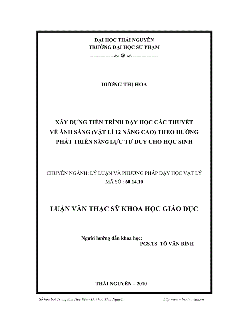 image for page Xây dựng tiến trình dạy học các thuyết về ánh sáng Vật lý 12 nâng cao theo hướng phát triển năng lực tư duy cho học sinh