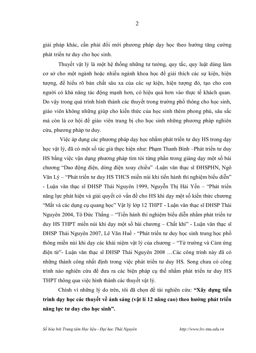 image for page Xây dựng tiến trình dạy học các thuyết về ánh sáng Vật lý 12 nâng cao theo hướng phát triển năng lực tư duy cho học sinh