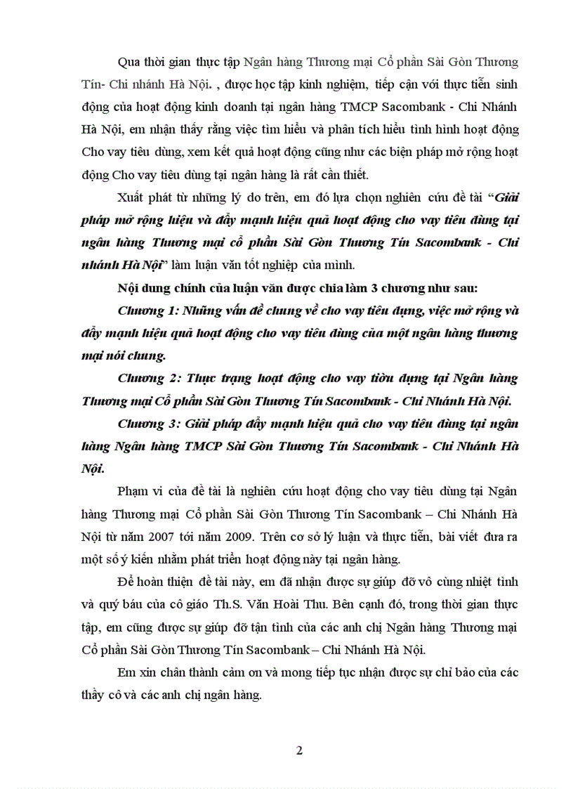Giải pháp mở rộng hiệu quả và đẩy mạnh hiệu quả hoạt động cho vay tiêu dùng tại ngân hàng Thương mại cổ phần Sài Gòn Thương Tín Sacombank Chi nhánh Hà Nội