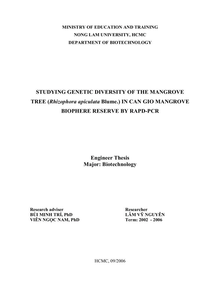 Nghiên cứu sự đa dạng di truyền của cây đước đô Rhizophora apiculata BLUME i ở khu dự trữ sinh quyển rừng ngập mặn cần giờ bằng kỹ thuật rapd