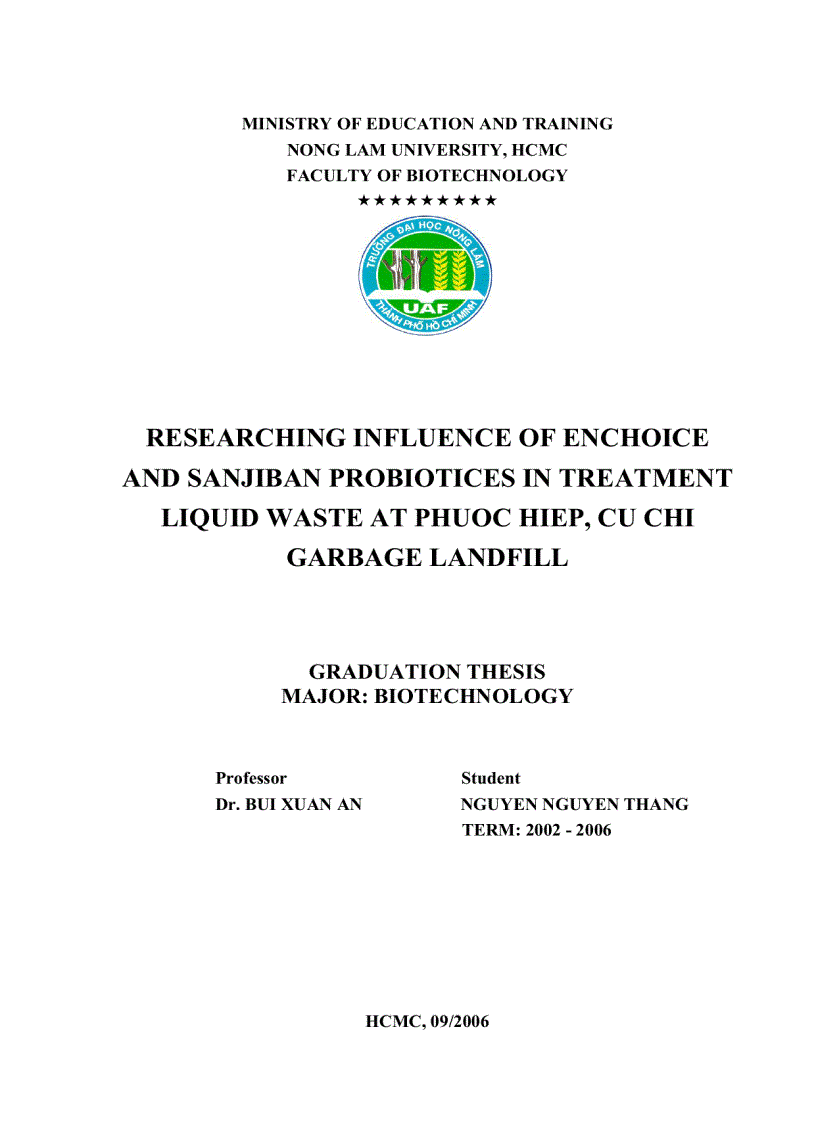image for page Khảo sát sự ảnh hƣởng của chế phẩm sinh học enchoice và sanjiban trong quá trình xử lý nước rỉ rác tại bãi chôn lấp rác phƣớc hiệp củ chi