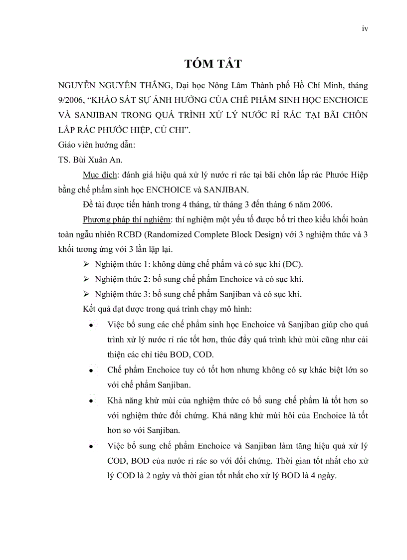 image for page Khảo sát sự ảnh hƣởng của chế phẩm sinh học enchoice và sanjiban trong quá trình xử lý nước rỉ rác tại bãi chôn lấp rác phƣớc hiệp củ chi