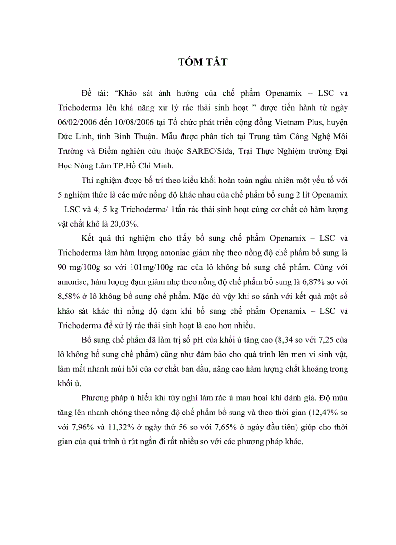 image for page Khảo sát ảnh hưởng của chế phẩm openamix lsc và trichoderma lên xử lý rác thải sinh hoạt