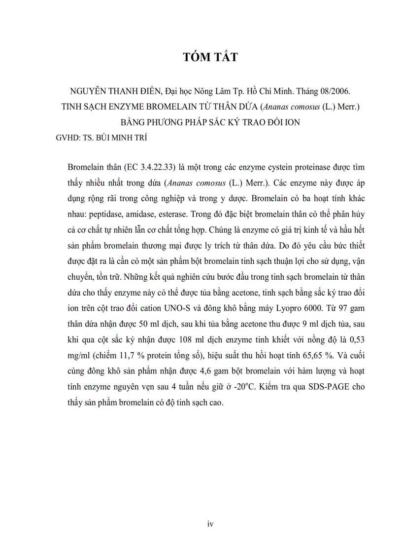 image for page Tinh sạch enzyme bromelain từ thân dứa Ananas comosus L Merr bằng phương pháp sắc ký trao đổi ion