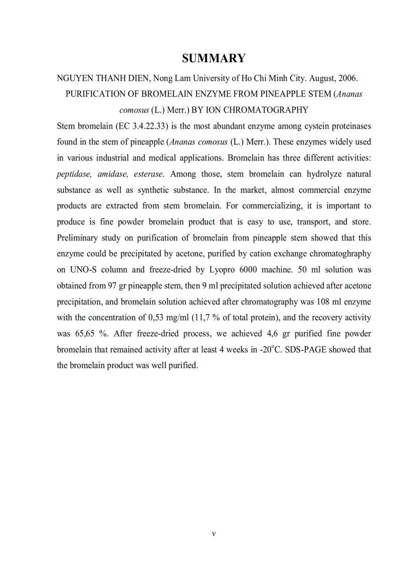 image for page Tinh sạch enzyme bromelain từ thân dứa Ananas comosus L Merr bằng phương pháp sắc ký trao đổi ion