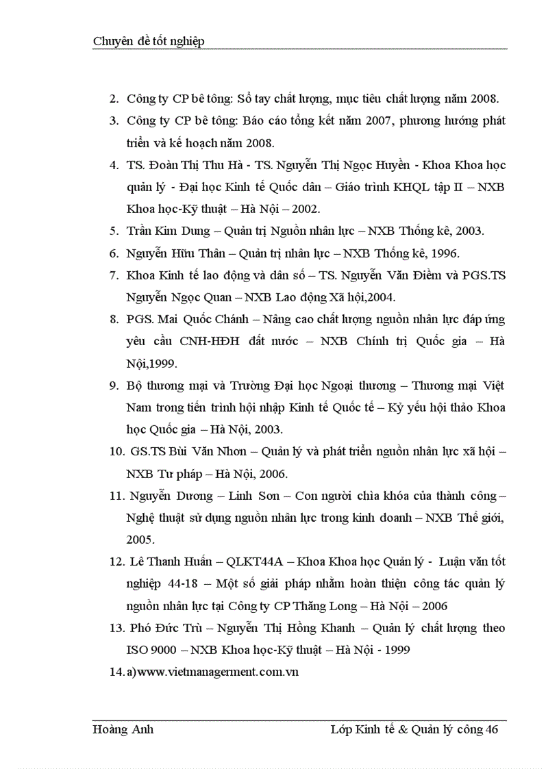 image for page Một số giải pháp hoàn thiện công tác quản lý nguồn nhân lực theo tiêu chuẩn ISO 9001 2000 tại Công ty CP bê tông