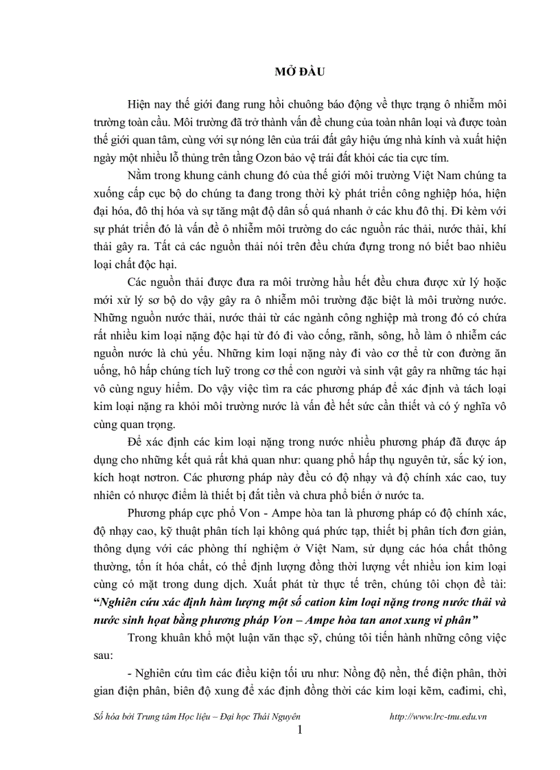 image for page Khảo sát nghiên cứu xác định hàm lượng cation kim loại nặng trong nước thải và nước sinh hoạt bằng phương pháp Von Ampe hòa tan và phương pháp xung vi phân