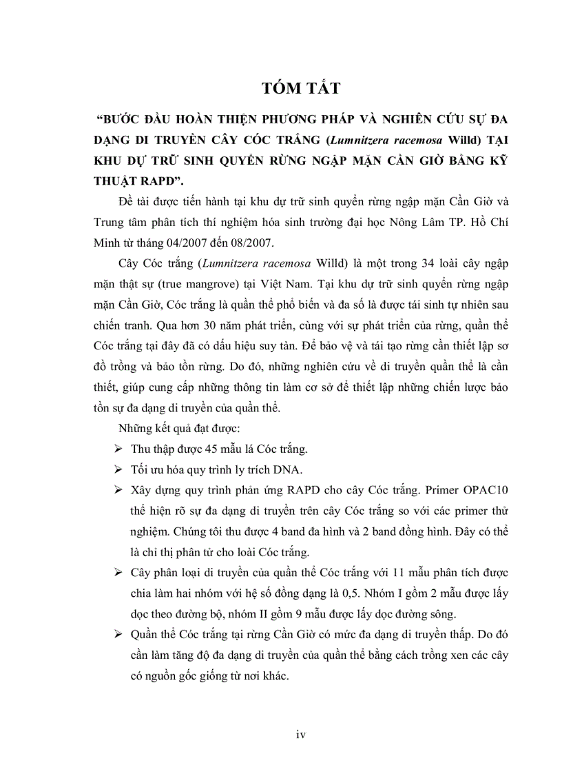Bước đầu hoàn thiện phương pháp và nghiên cứu sự đa dạng di truyền cây cóc trắng tại khu dự trữ sinh quyển rừng ngập mặn cần giờ bằng kỹ thuật rapd