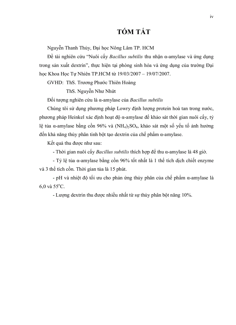 image for page Nuôi cấy Bacillus subtilis thu nhận α amylase và ứng dụng trong sản xuất dextri