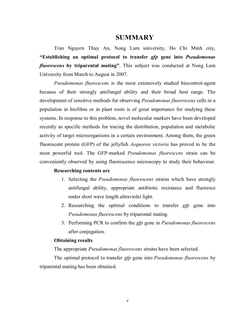 Tối ưu hóa quy tình chuyển gene gfp vào vi khuẩn Pseudomonas fluorescens bằng phương pháp tiếp hợp ba thành phần