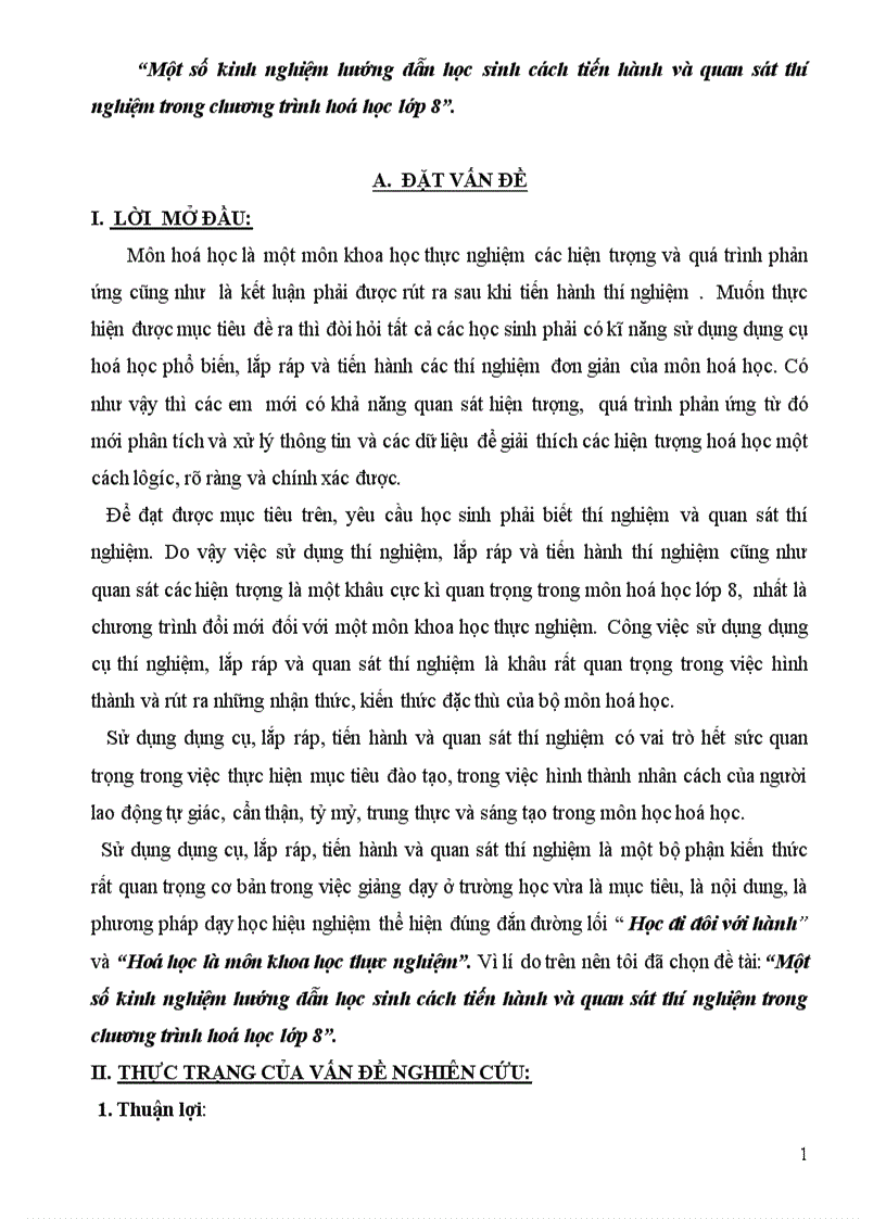 Một số kinh nghiệm hướng dẫn học sinh cách tiến hành và quan sát thí nghiệm trong chương trình hoá học lớp 8
