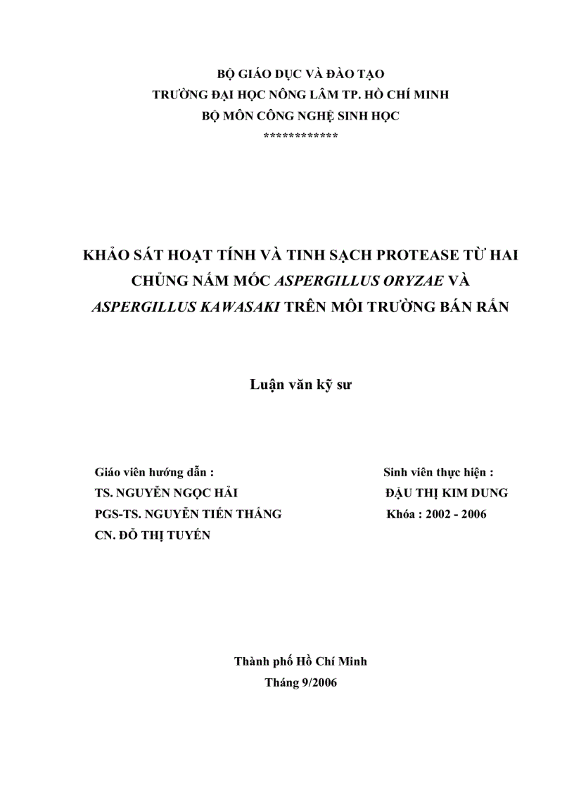 image for page Khảo sát hoạt tính và tinh sạch protease từ hai chủng nấm mốc aspergillus oryzae và aspergillus kawasaki trên môi trường
