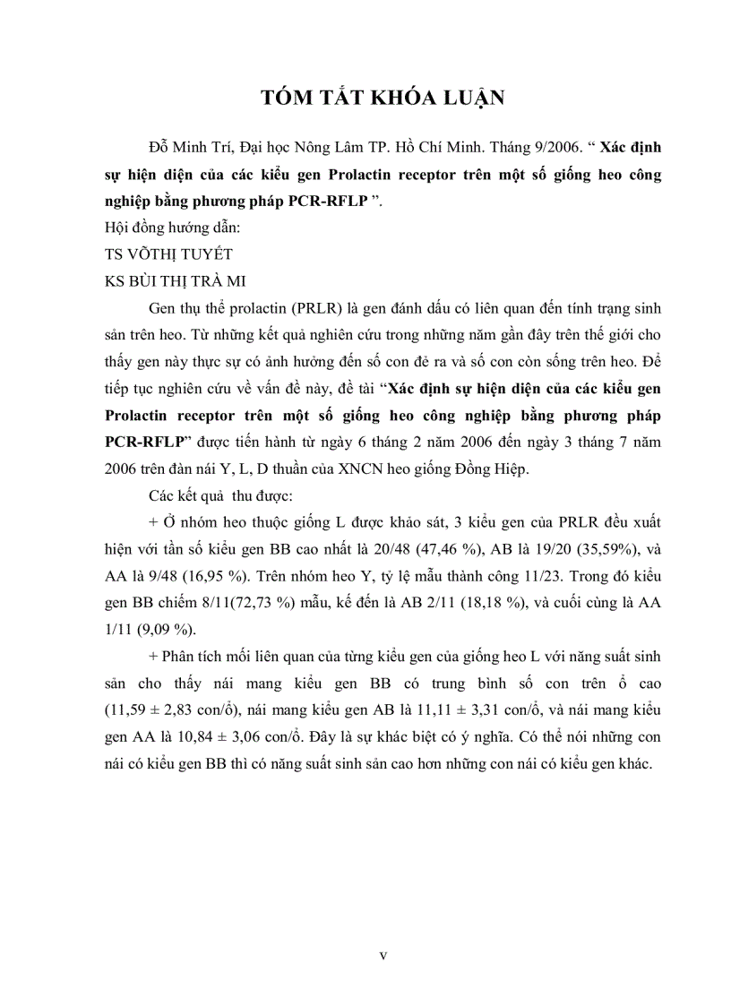 image for page Xác định sự hiện diện của các kiểu gen Prolactin receptor trên một số giống heo công nghiệp bằng phương pháp PCR RFLP