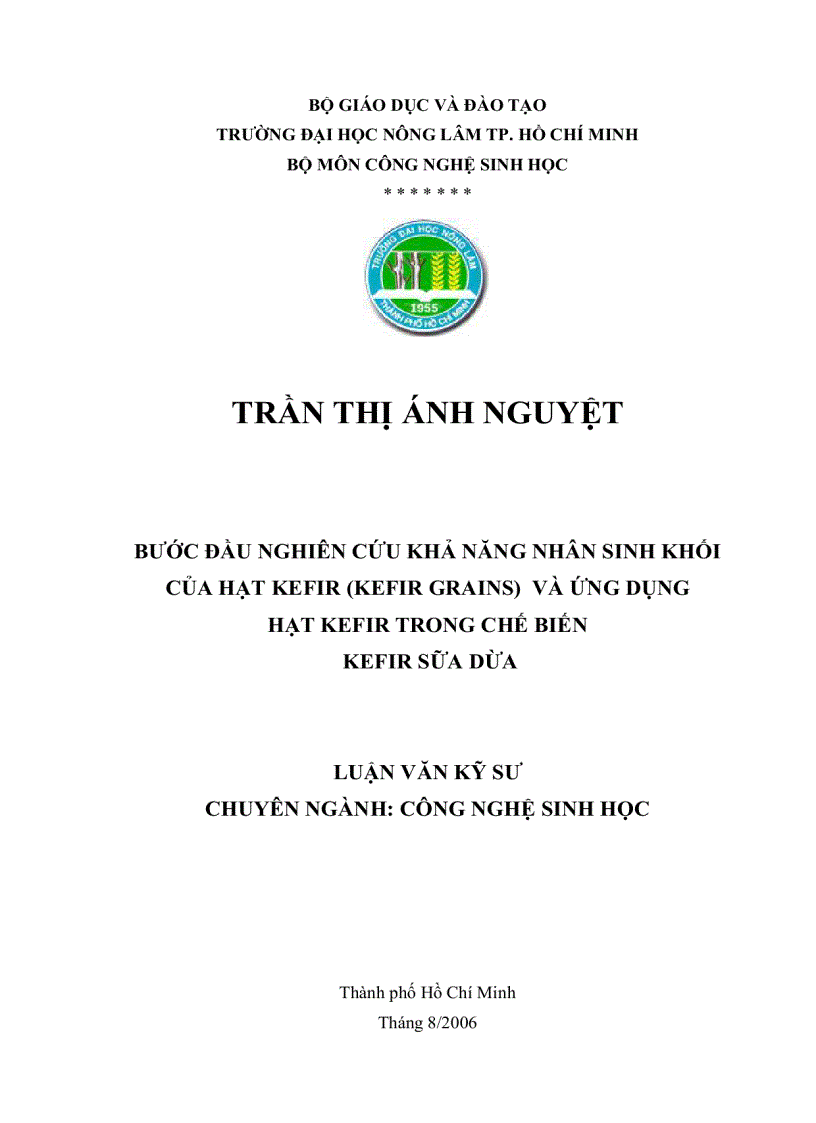 image for page Bước đầu nghiên cứu khả năng nhân sinh khối của hạt kefir kefir grains và ứng dụng hạt kefir trong chế biến kefir sữa dừa