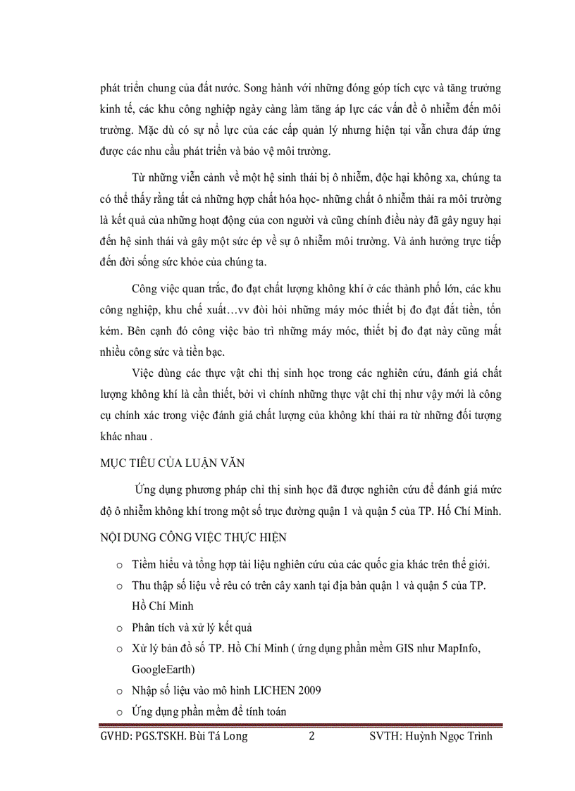 image for page Ứng dụng phương pháp chỉ thị sinh học đánh giá hiện trạng ô nhiễm không khí tại một số trục đường chính tp hồ chí minh