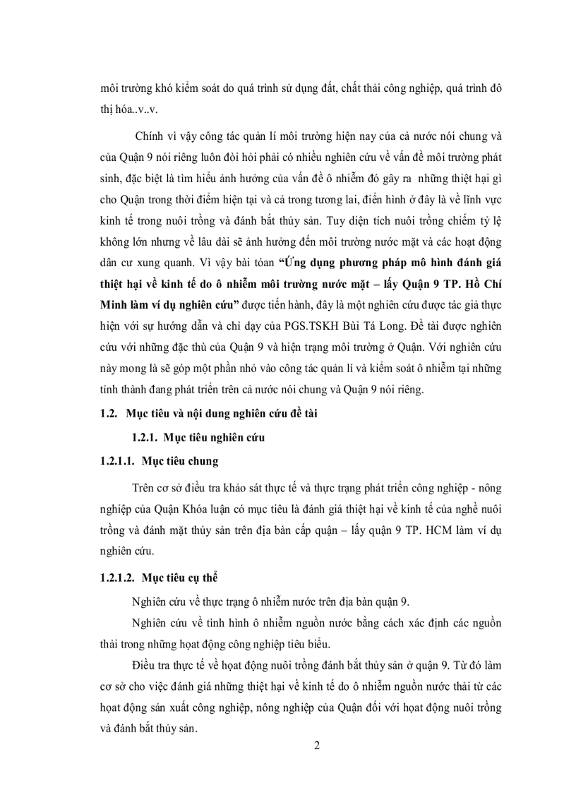 image for page Ứng Dụng Phương Pháp Mô Hình Đánh Gía Thiệt Hại Về Kinh Tế Do Ô Nhiễm Môi Trường Nước Mặt Lấy Quận 9 Thành Phố Hồ Chí Minh Làm Ví Dụ Nghiên Cứu
