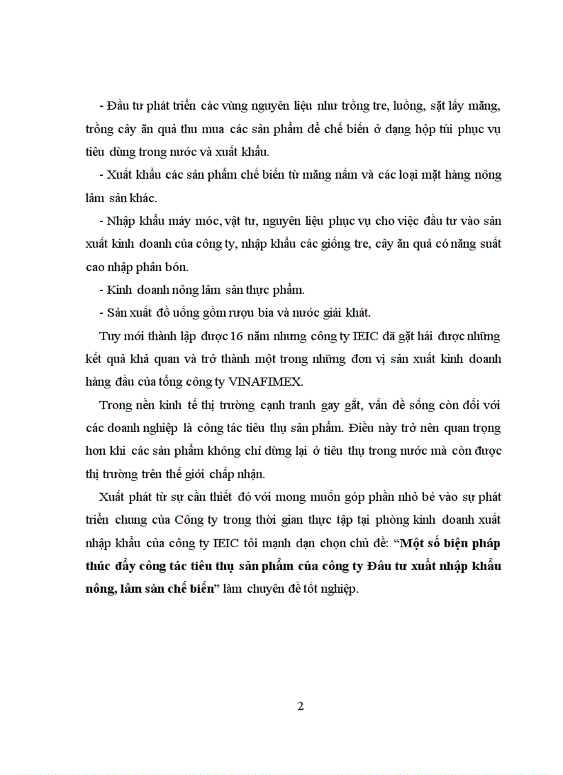 Một số biện pháp thúc đẩy công tác tiêu thụ sản phẩm của công ty Đâu tư xuất nhập khẩu nông lâm sản chế biến