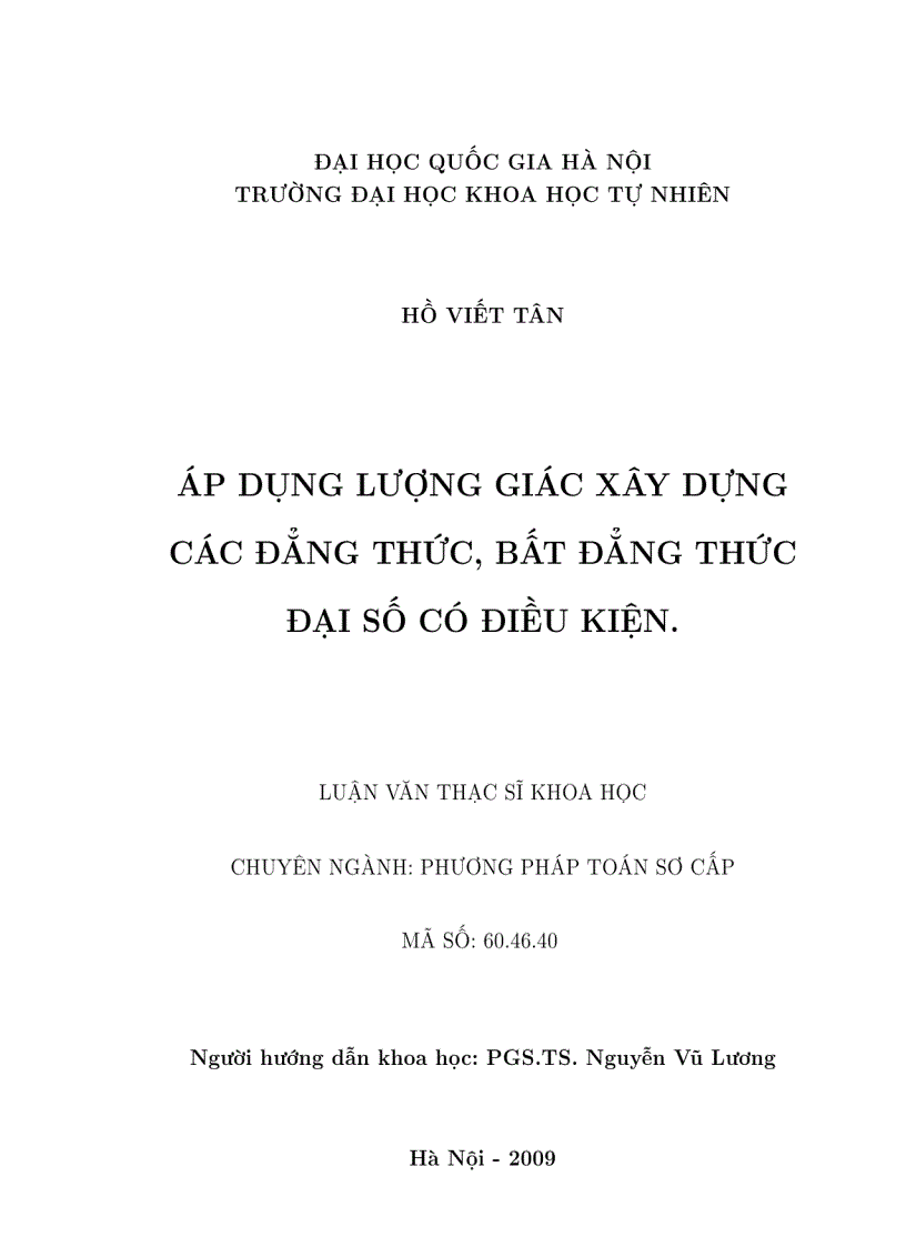 Áp dụng lượng giác xây dựng các đẳng thức bất đẳng thức đại số có điều kiện