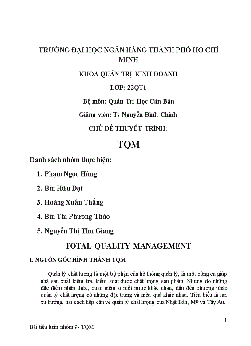 TQM Total quality management Quản lí chất lượng toàn diện