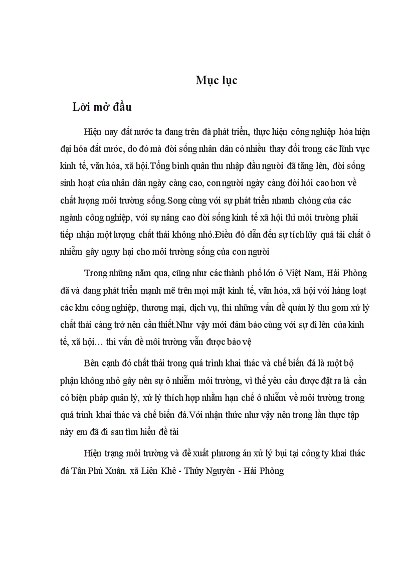 image for page Báo cáo thực tập Hiện trạng môi trường và đề xuất phương án xử lý bụi tại công ty khai thác đá Tân Phú Xuân Hải Phòng