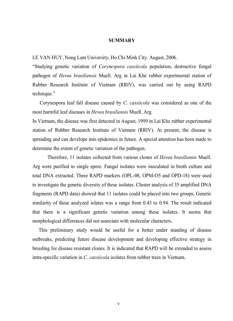 NGHIÊN CỨU ĐA DẠNG DI TRUYỀN CỦA QUẦN THỂ NẤM Corynespora cassiicola Berk Curt Wei GÂY BỆNH TRÊN CÂY CAO SU Hevea brasiliensis Muell Arg TẠI TRẠI THỰC NGHIỆM LAI KHÊ VIỆN NGHIÊN CỨU CAO SU VI