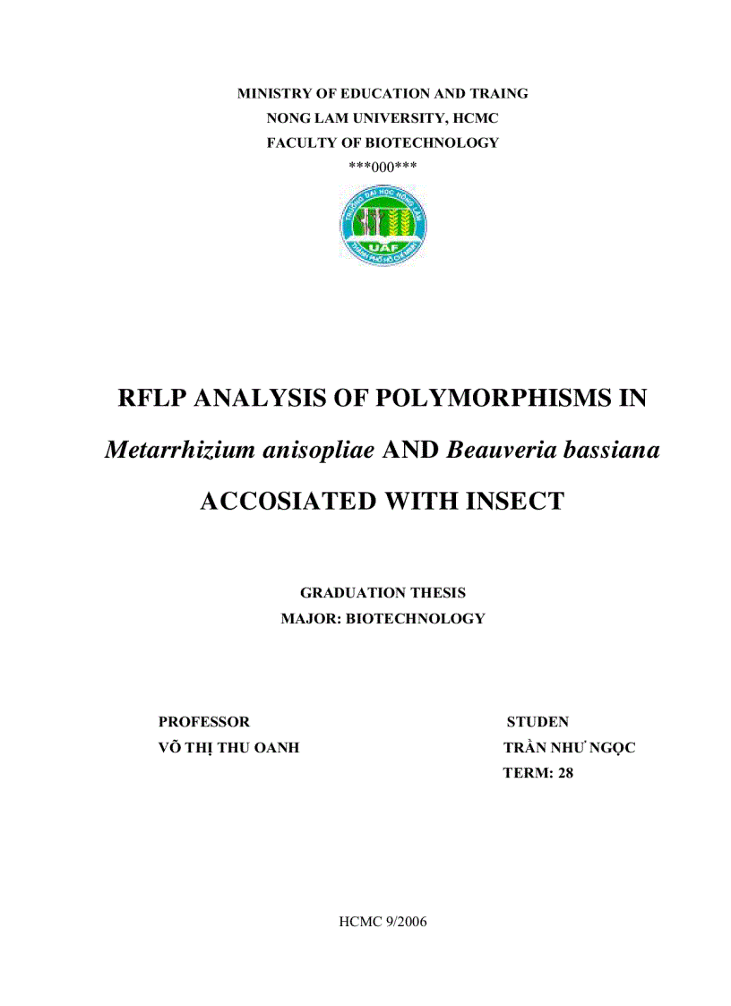 Sử dụng kỹ thuật RFLP xác định sự đa dạng di truyền của hai dòng nấm Metarrhizium anisopliae và Beauveria bassiana