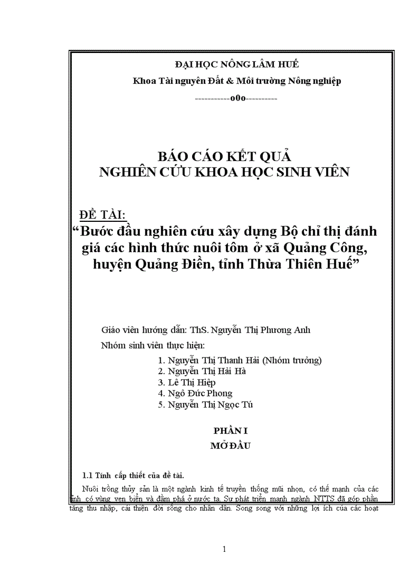 image for page Bước đầu nghiên cứu xây dựng Bộ chỉ thị đánh giá các hình thức nuôi tôm ở xã Quảng Công huyện Quảng Điền tỉnh Thừa Thiên Huế