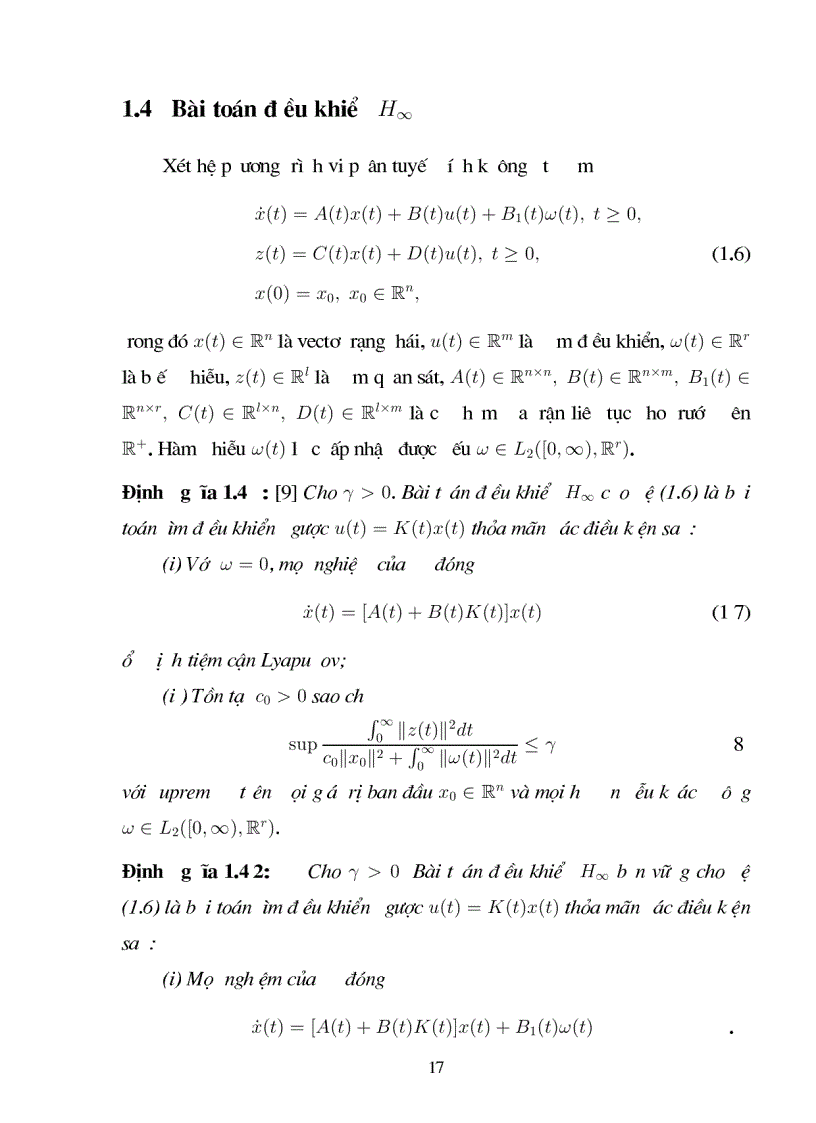 image for page Giới thiệu một số kết quả về bài toán điều khiển H1 cho hệ không ôtônôm không có trễ và có trễ với giả thiết điều khiển được
