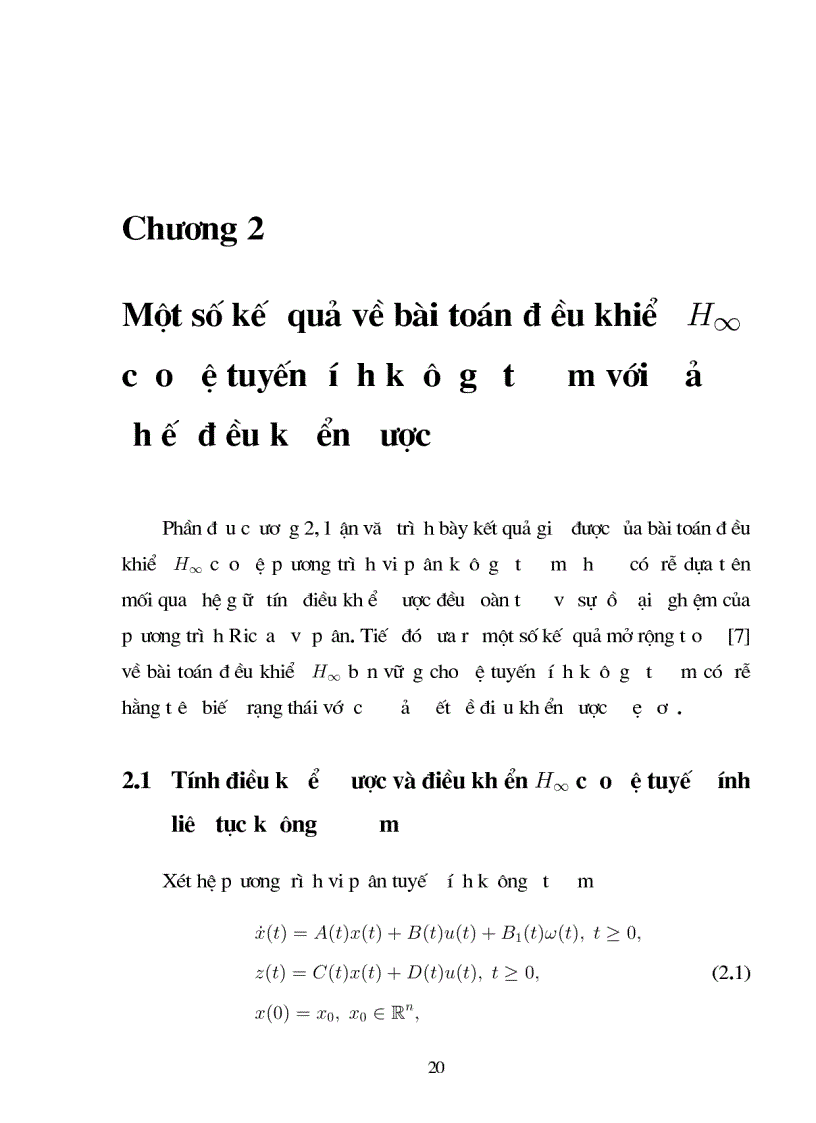 image for page Giới thiệu một số kết quả về bài toán điều khiển H1 cho hệ không ôtônôm không có trễ và có trễ với giả thiết điều khiển được